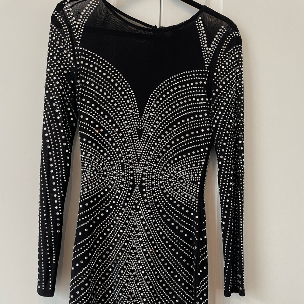Banjul Dresses | Black Sequin Dress with White & Silver Sequels Long Sleeve